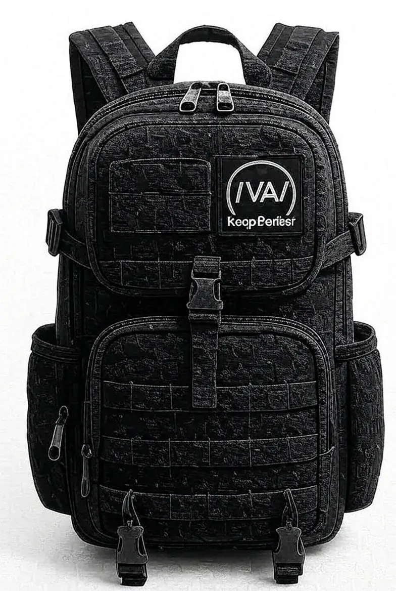 Traveller carrying a thirty-litre waterproof weekend backpack during a wet five-kilometre transfer