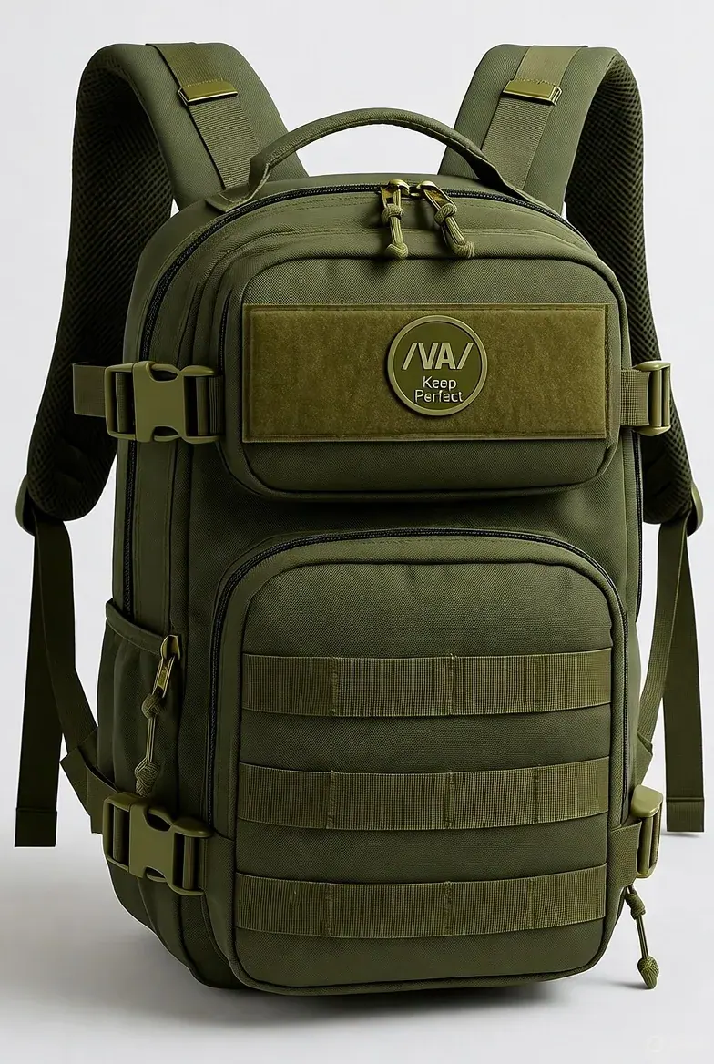 Outdoor waterproof backpack packed and ready beside camping equipment awaiting loading into a vehicle