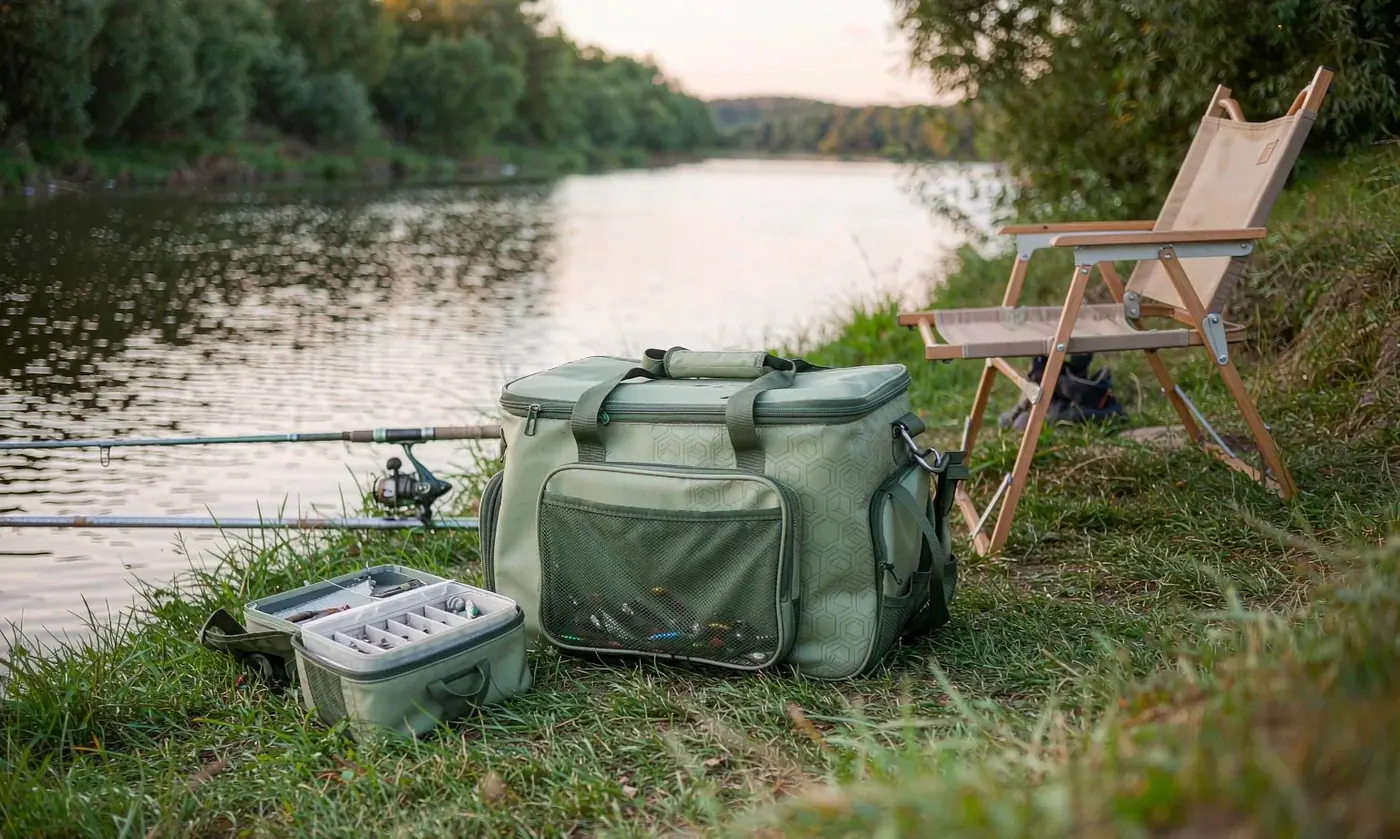 Tackle bag set up on a gravel riverbank showing a ripstop nylon shell with the reinforcement grid visible on the side panel
