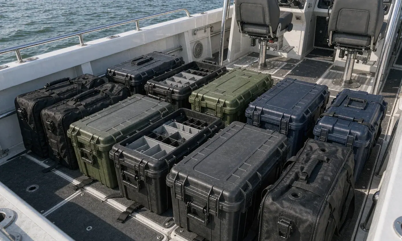 Waterproof tackle storage arranged on a wet boat deck with a sealed airtight zip closed across the main compartment lid