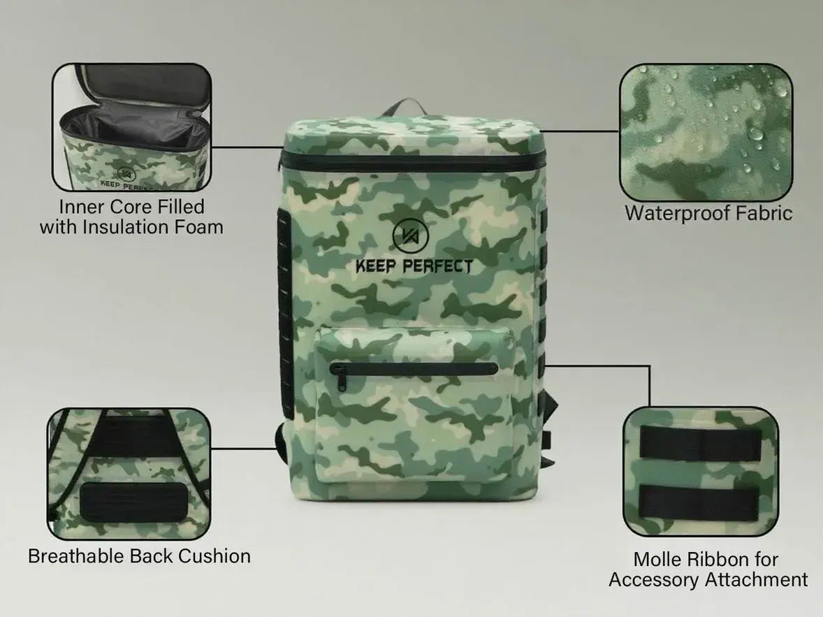Soft cooler insert standing open with its internal seams taped along the liner joins and at each corner