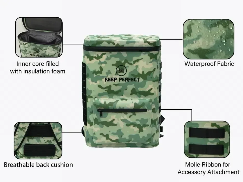 Insulated cooler bag carried by webbing handles with a small accessory pouch threaded onto the outer rows