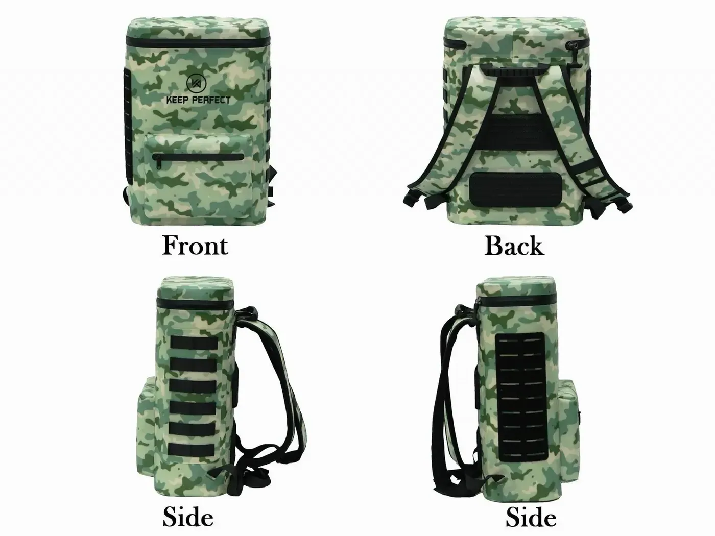 Insulated cooler style bag open on a wooden deck with side pockets filled and a liner pouch separated from the main compartment