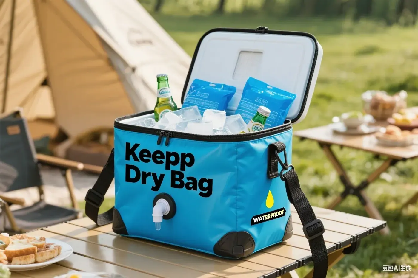 Insulated fishing cooler bag with thick closed-cell foam walls and a welded inner liner standing open on a bench