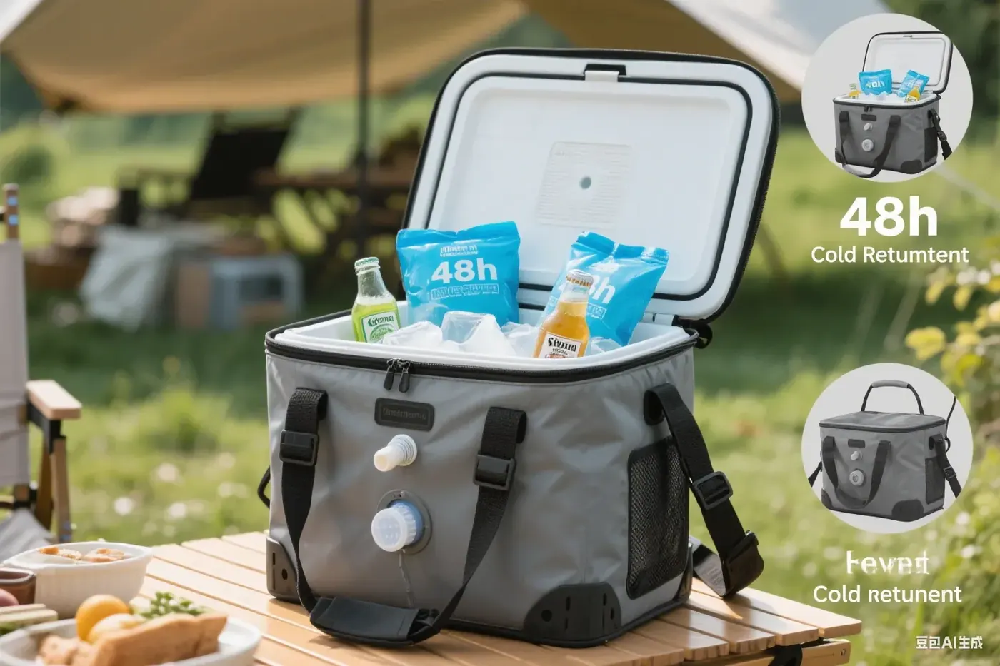 Insulated cooler bag carried by a shoulder strap beside a larger pack showing how secondary loads add to the total carried