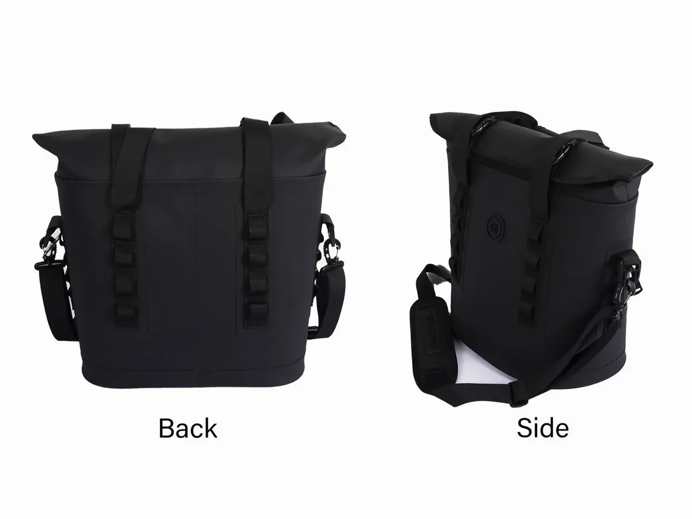 Orange waterproof dry bag with rolled closure sitting next to a hiking backpack on a riverbank