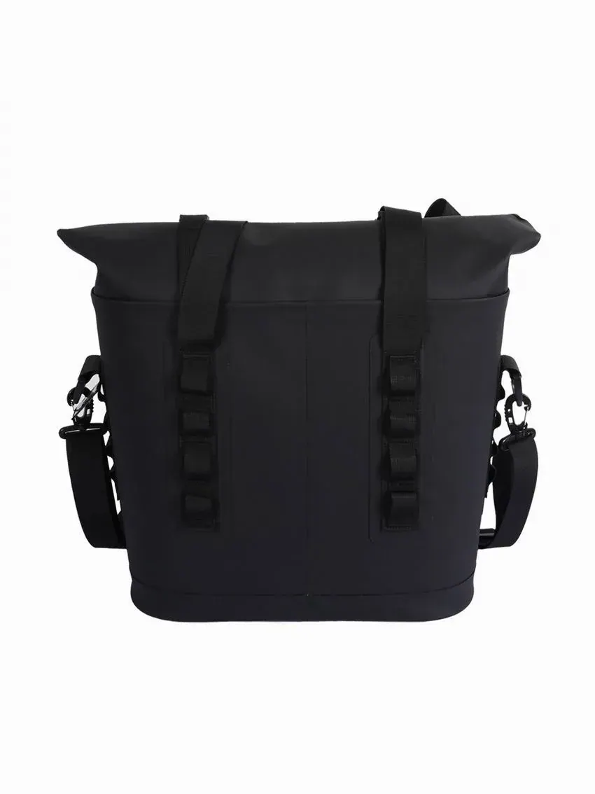 Waterproof dry bag with rolled closure strapped to the back of a motorcycle over the rear seat