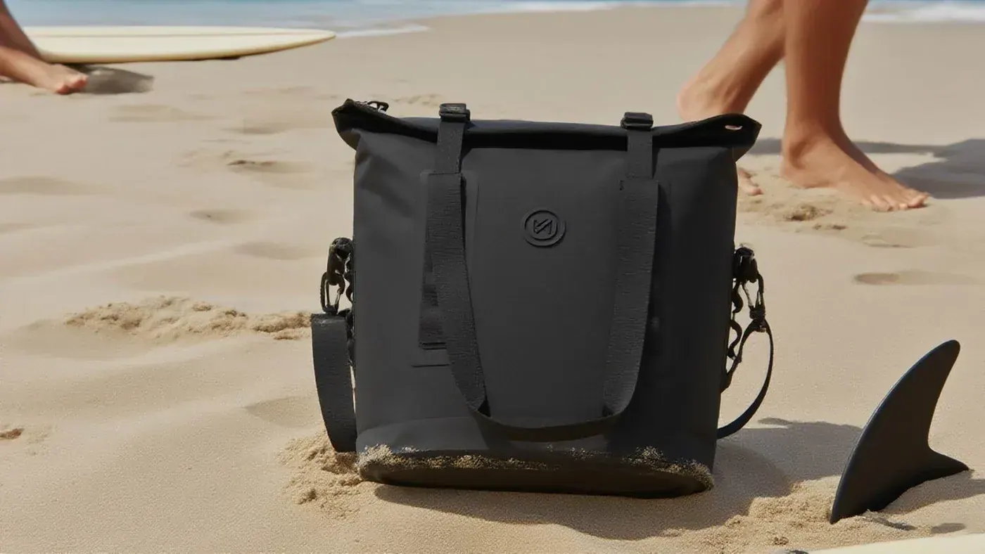 Sealed dry bag style waterproof backpack resting on a raft tube with the rolled mouth clipped and valve closed