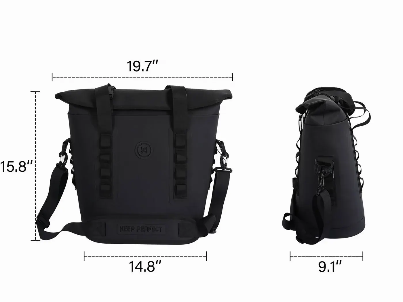 Rolled dry bag mouth beside a coated zip opening on a waterproof backpack, both shown close up