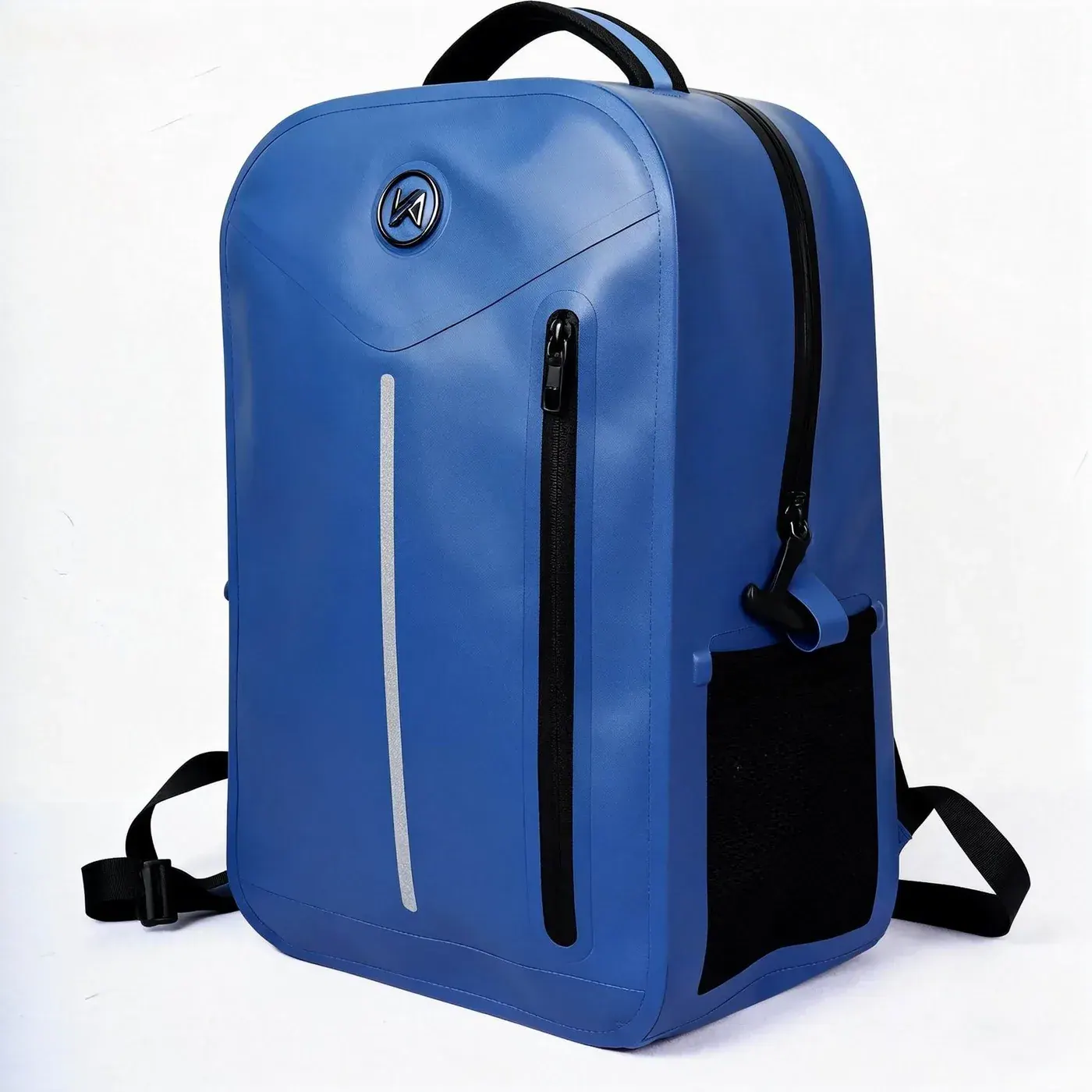 Waterproof daypack with rolled closure being lifted from wet ground showing reinforced welded base corners after repeated use