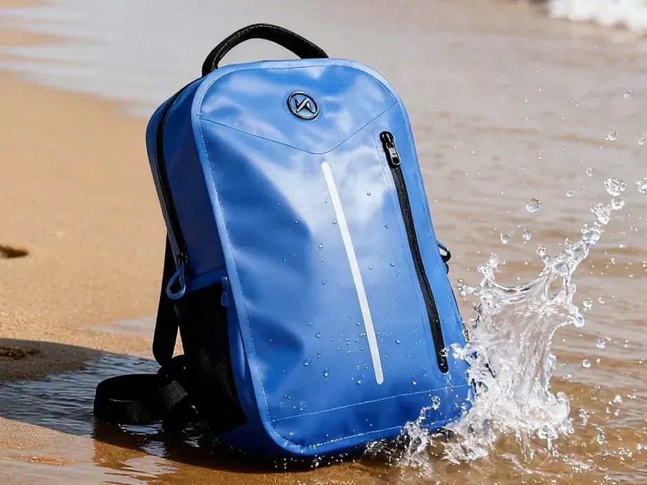 Close view of a waterproof roll top dry bag with the closure unfolded and the buckle released for drying
