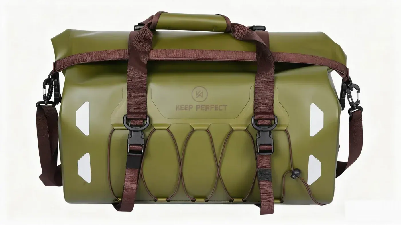 Bright coloured dry bag sized to pass a kayak hatch with purge valve and roll closure