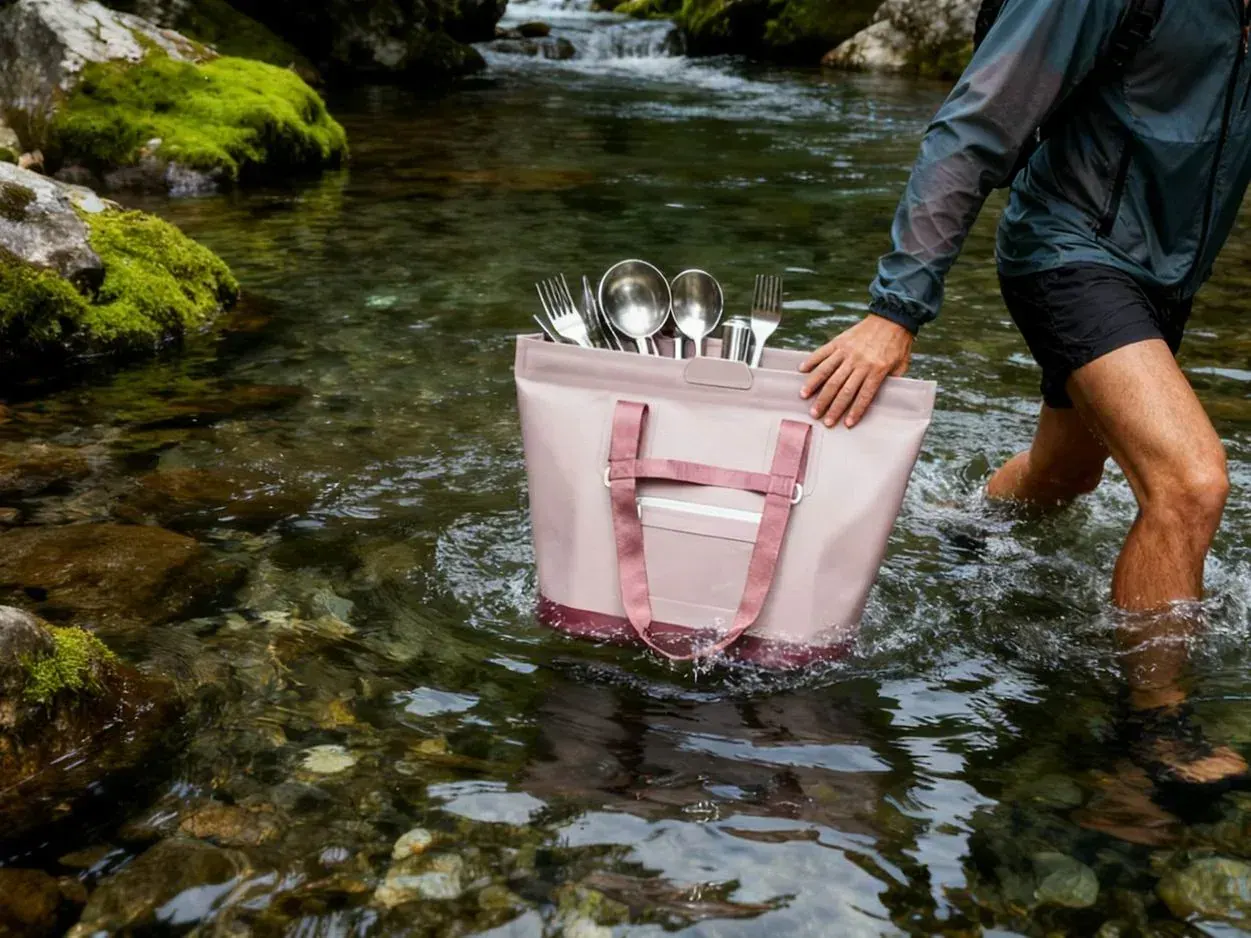 Sealed dry pouch and a small towel beside an insulated pocket inside a fishing backpack, with trays stacked behind a liner panel
