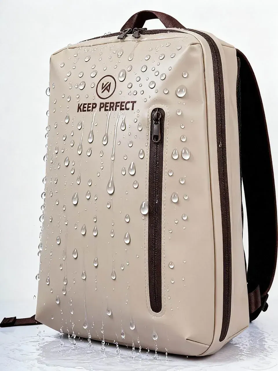 Roll-top dry bag holding stacked tackle trays closed on a damp bank after rain with water beading on the shell