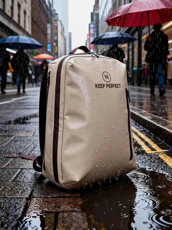 Roll-top dry bag swung forward on a shoulder strap with the mouth open in light rain on a bank