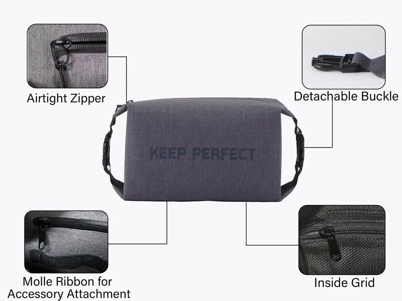Roll-top dry bag with padded shoulder straps lying beside a tackle tray on a wooden dock with water visible beyond