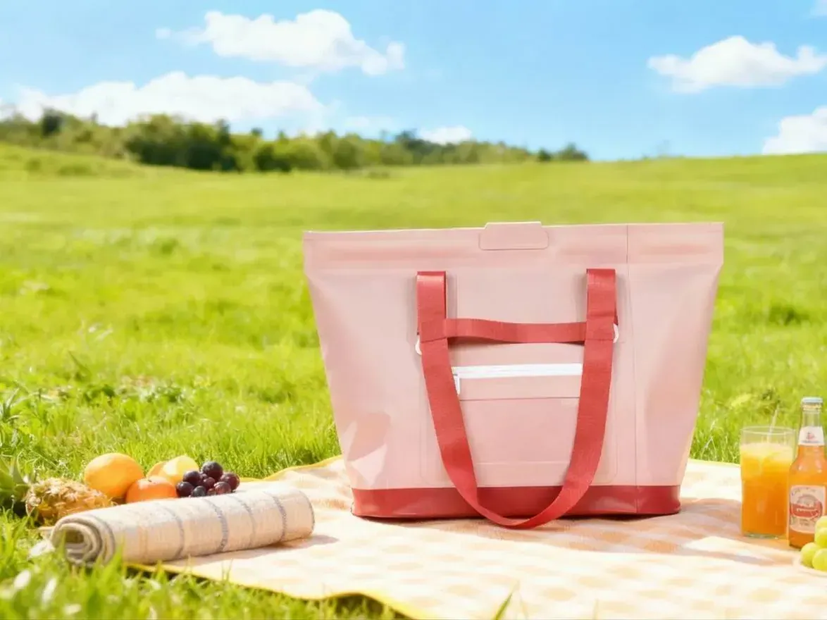 Injection-molded perforated EVA tote standing upright on a sandy surface showing its one-piece body and open top