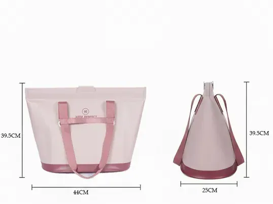 Perforated EVA tote held at an angle with sand falling through the bottom holes onto dry ground after a beach session