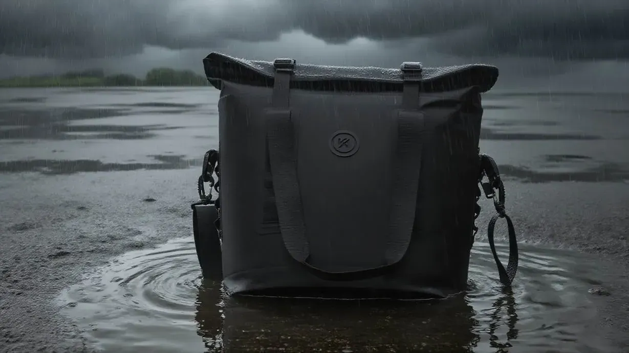 Waterproof rubber beach tote standing on wet sand near the tide line loaded with towels and bottles