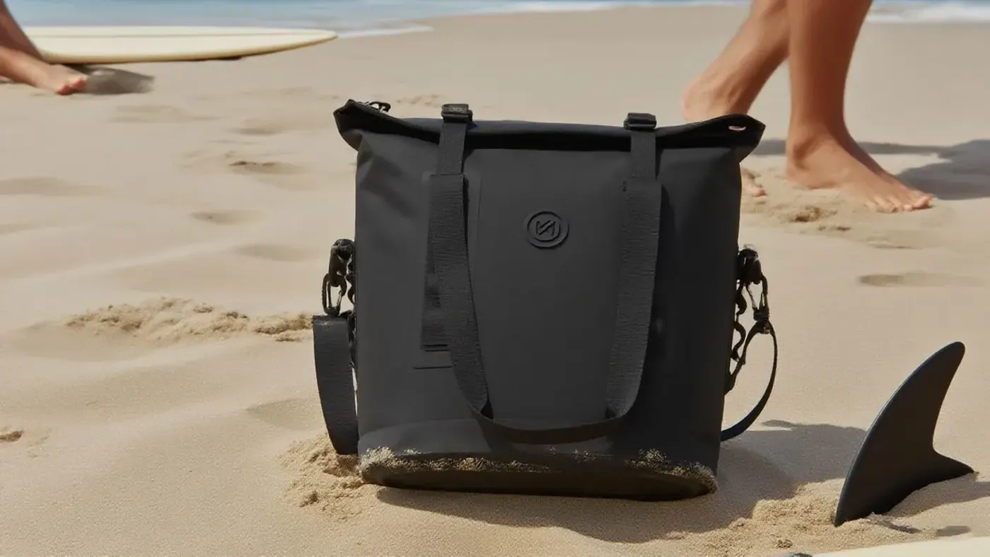 Waterproof rubber beach tote placed beside a swimming pool edge with damp towels and bottles inside after swimming