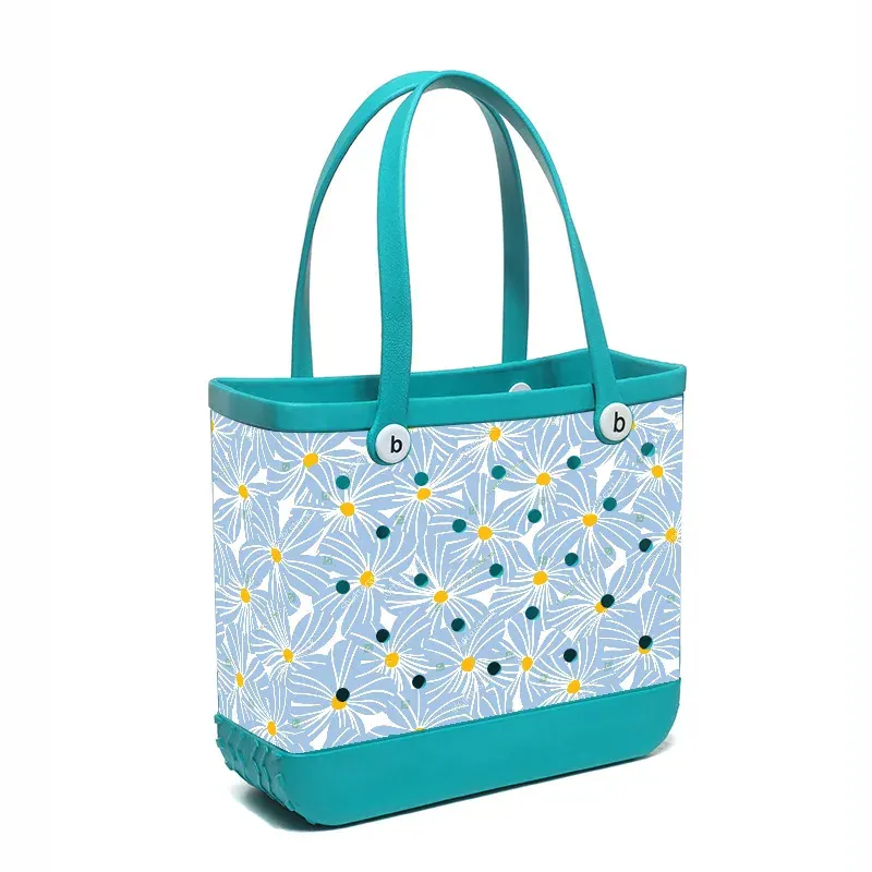 Wholesale EVA beach tote in a family size held up beside a compact size to show the difference in body volume