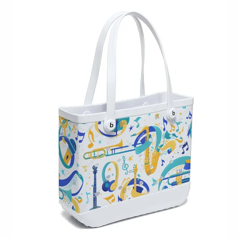 Small perforated EVA tote rinsed under a tap and hung by one handle on a hook to air dry in shade