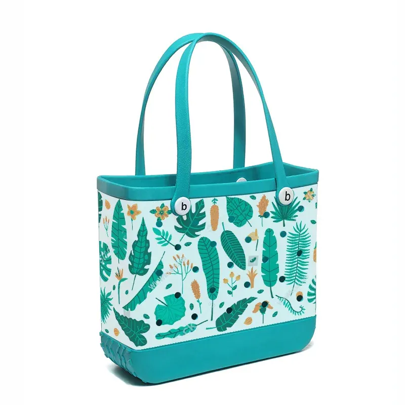 Family-size perforated EVA tote beside a smaller personal size showing the difference in mouth width and height