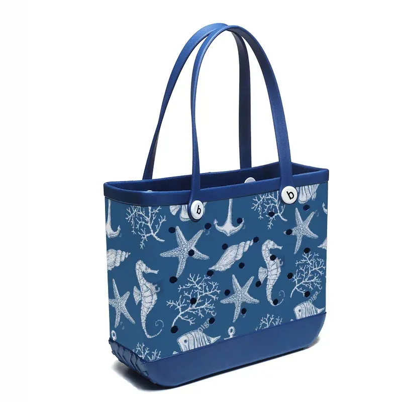 Child-sized perforated EVA tote in a bright colour carried by a child beside a pool with goggles and a towel inside