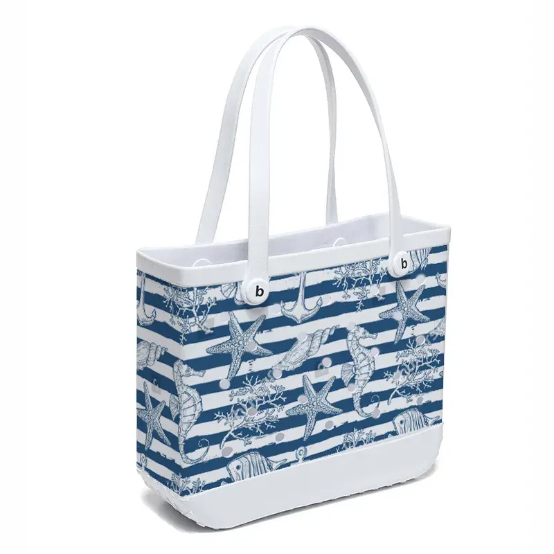 Perforated EVA tote being wiped with a soft cloth and mild detergent to remove sunscreen residue near the rim