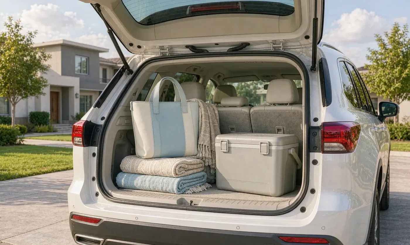Perforated EVA tote loaded with dog towels and a water bottle standing upright in the boot of an estate car after a beach walk