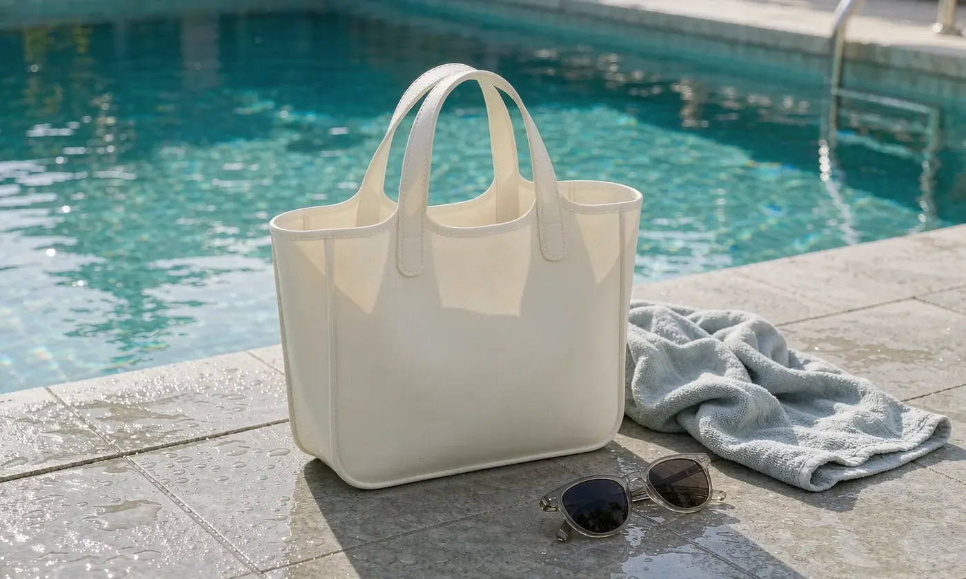 Perforated EVA tote with a drop-in liner and a clipped pouch standing open beside a pool lounger