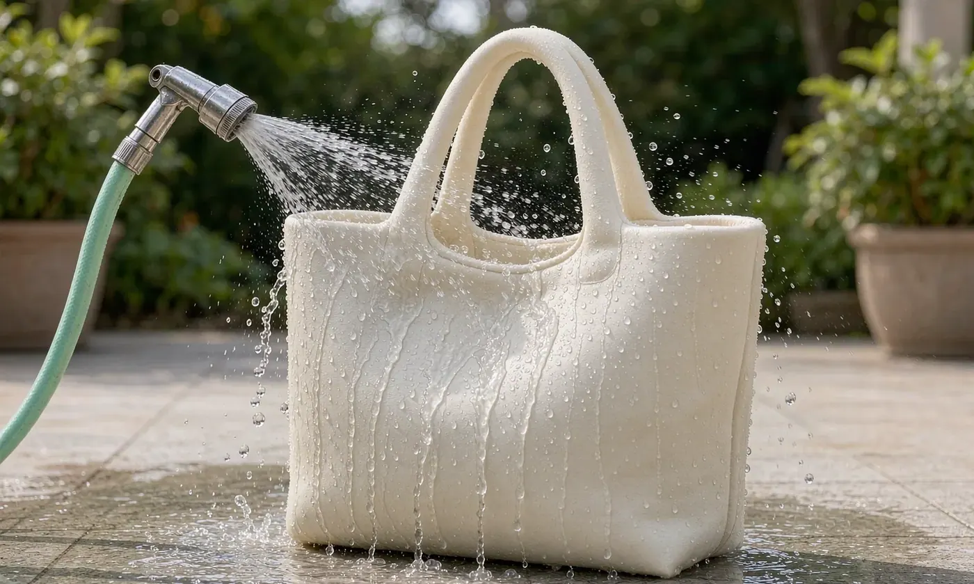 Large perforated EVA tote being rinsed with a hose from the inside outward and left open to drain and dry