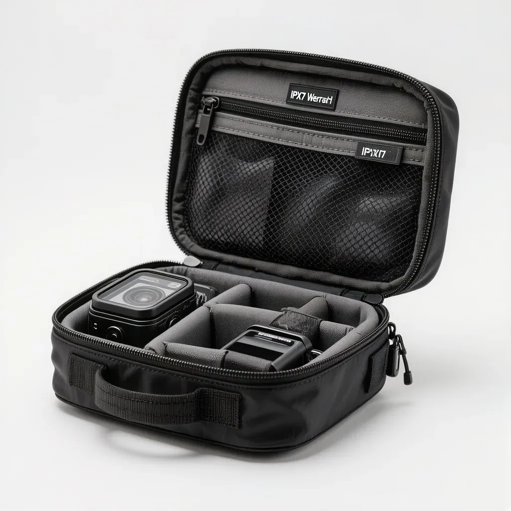 Waterproof fishing tackle bag on a wet riverbank with welded seams and a rolled closure above the waterline