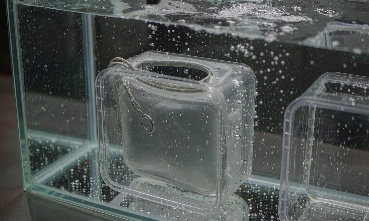 Fishing bag held partly submerged in a water tank during an ingress check with the closure visible above the waterline