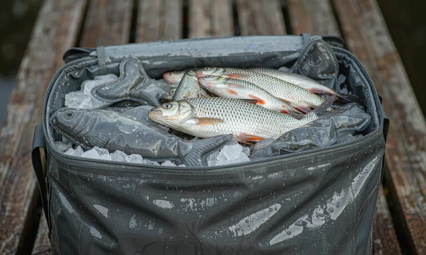 Angler carrying a loaded tackle backpack on one shoulder with the other hand occupied by gear while walking along a bank