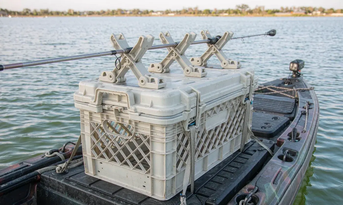 Fishing sling pack resting on a kayak crate fitted with rod holders during a short inshore session