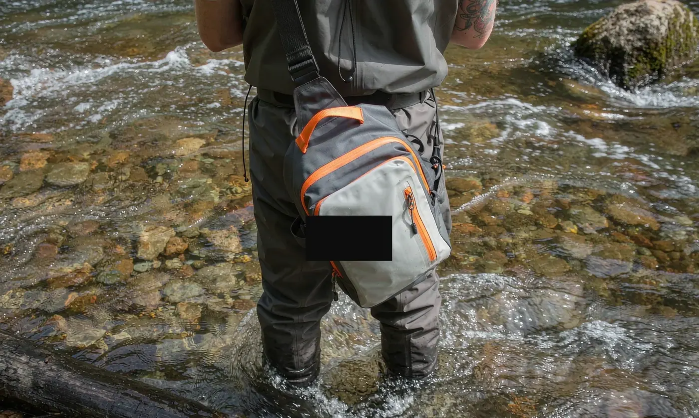 Angler in chest waders with a sling pack at the edge of a slow river rinsing a small tray in the shallows