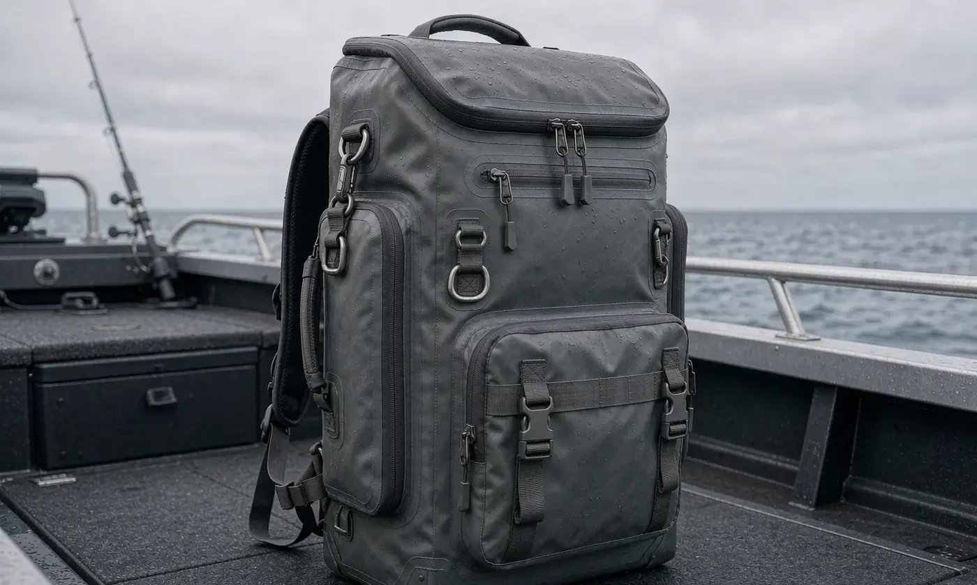 Fishing tackle backpack secured on a wet boat deck with tray compartment closed and spray beading on the shell