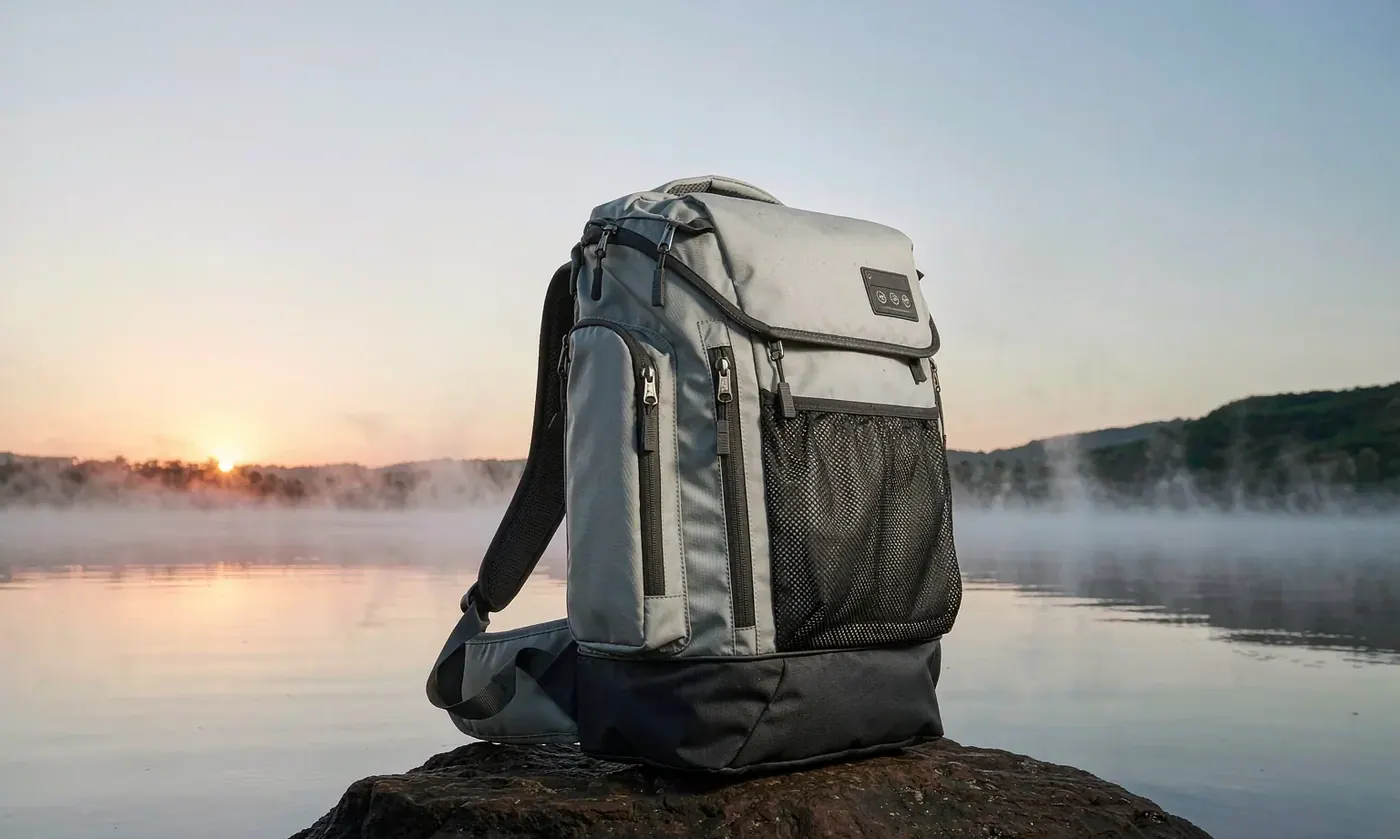 Fishing tackle backpack set on a lakeshore bank beside wading gear used with a chest pack