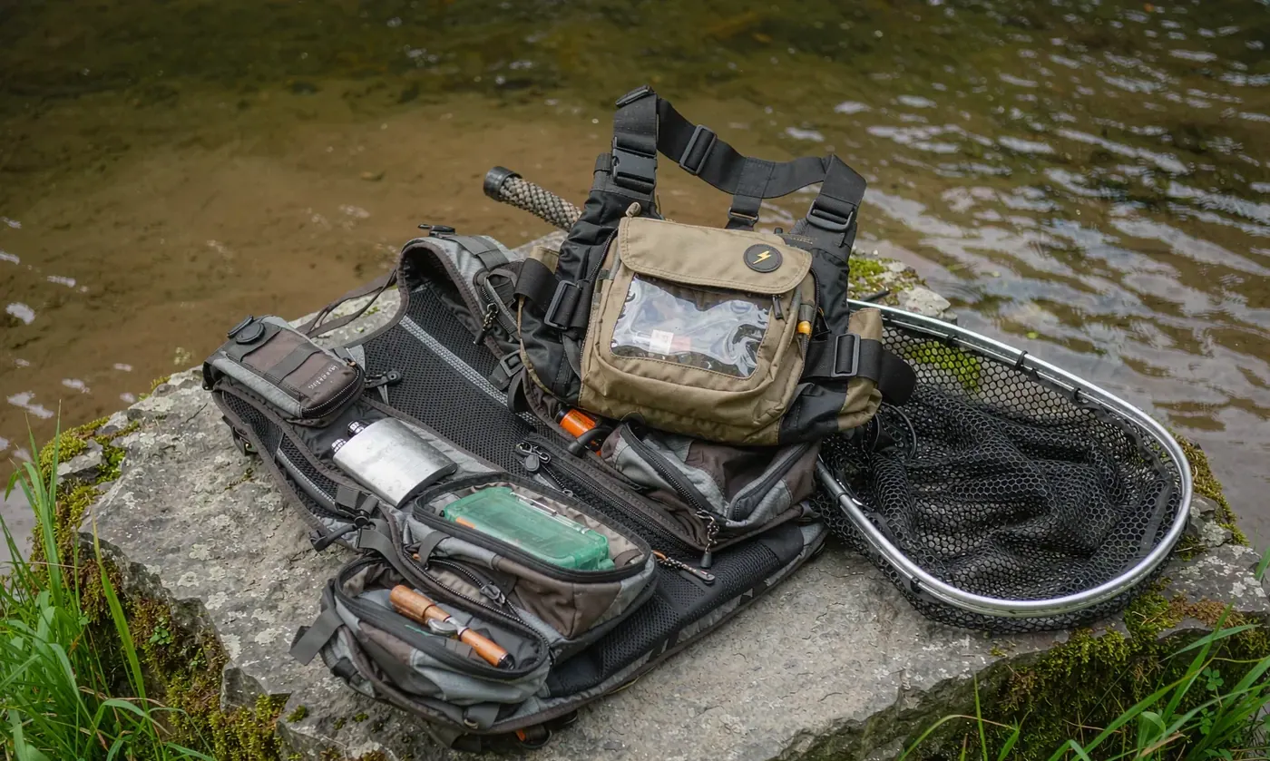 Angler wearing a waterproof fly fishing pack and vest on a wet riverbank with spray beading on the welded shell