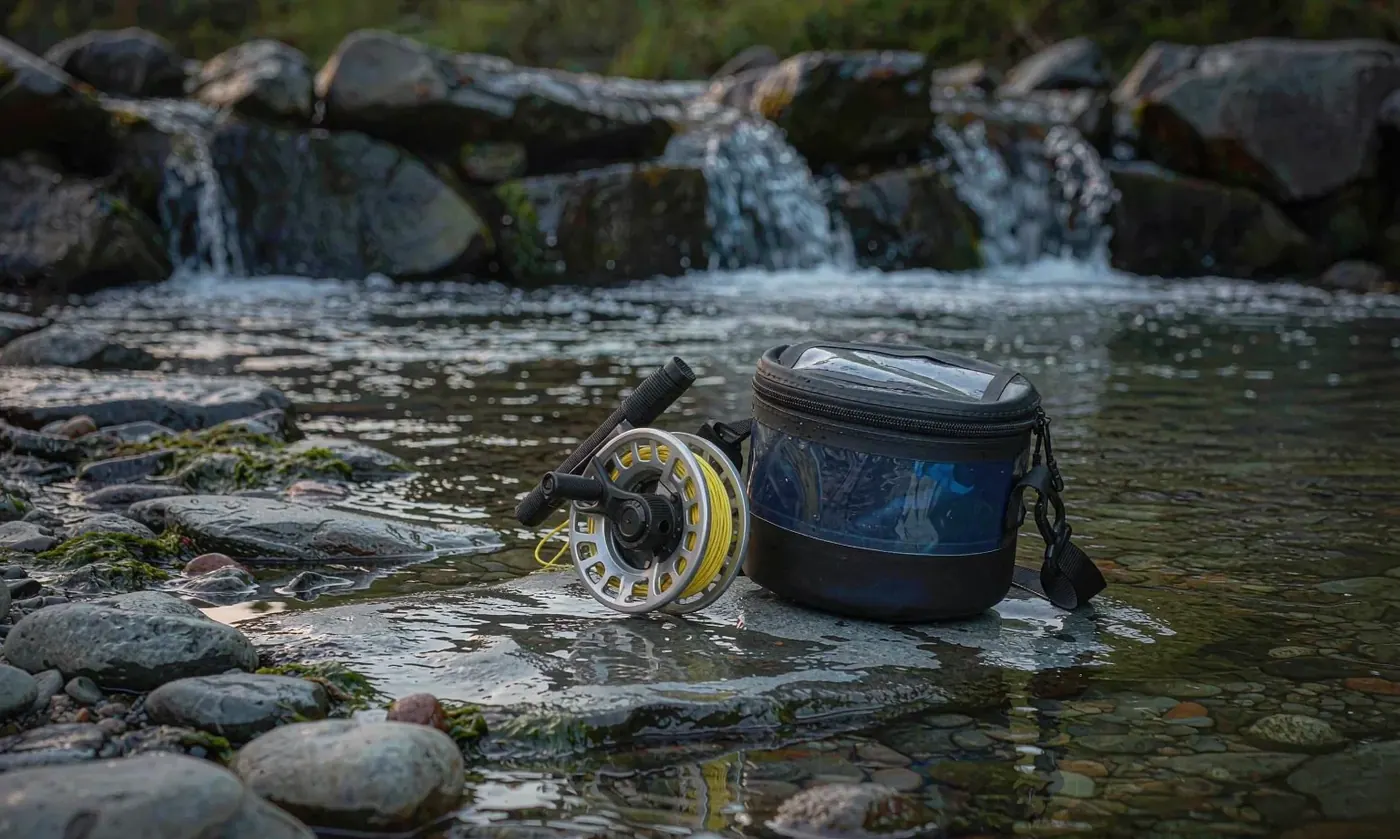 Waterproof backpack set down streamside beside a fly reel, damp lower seam visible where the body has been resting in shallow water