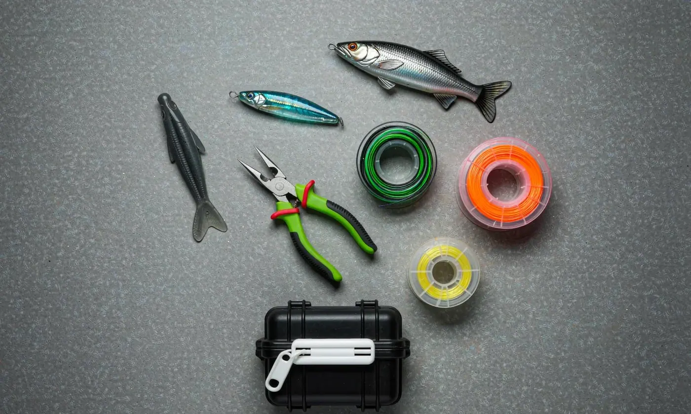 Tackle laid out beside a pack on a lake shore with pliers and a small pouch clipped to webbing rows on the side