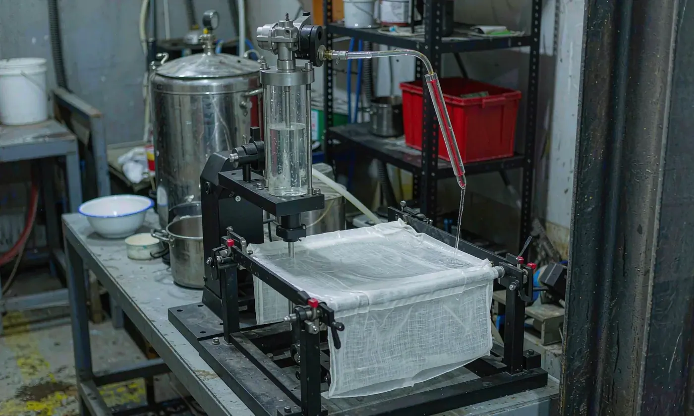Laboratory hydrostatic head test rig holding a coated fabric sample under a rising column of water