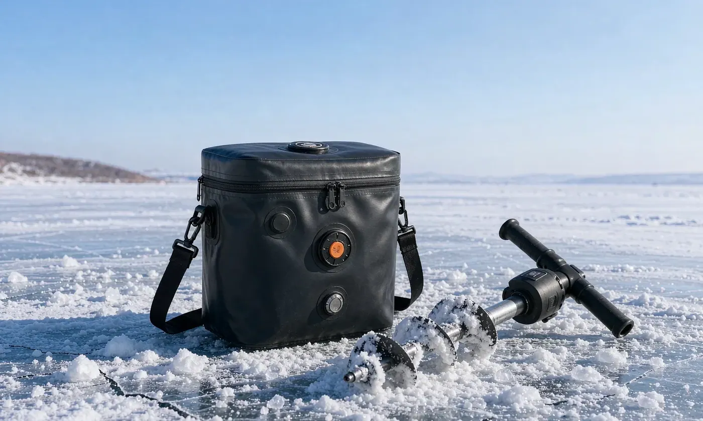 Insulated ice fishing bag standing on snow with a coated coil zip closed across the front compartment