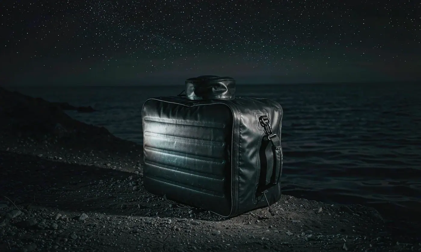 Night fishing scene with a headlamp lit and a waterproof bag resting on wet ground, the air valve cap standing open on the body