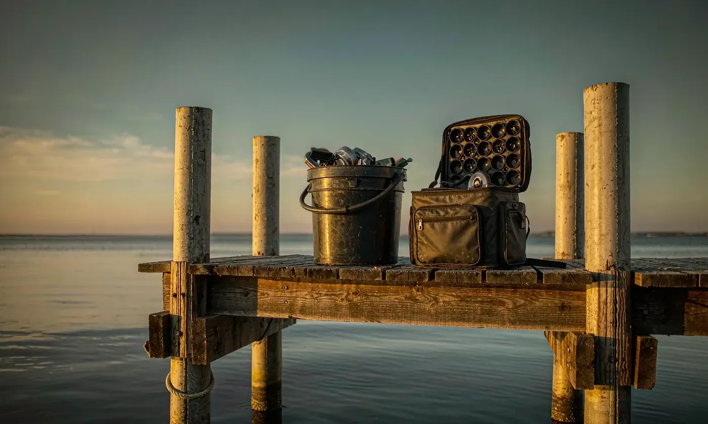 Waterproof bag standing on a pier beside fishing gear with the inner liner visible where the top has been rolled open, film surface catching the light