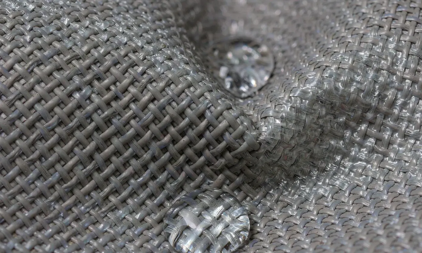 Close view of a PVC coated fishing bag fabric showing the coating layer and a taped seam running along the inside