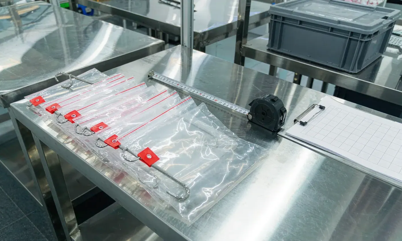 Row of waterproof backpacks laid on a quality inspection bench with roll-top closures closed and buckles engaged for checking
