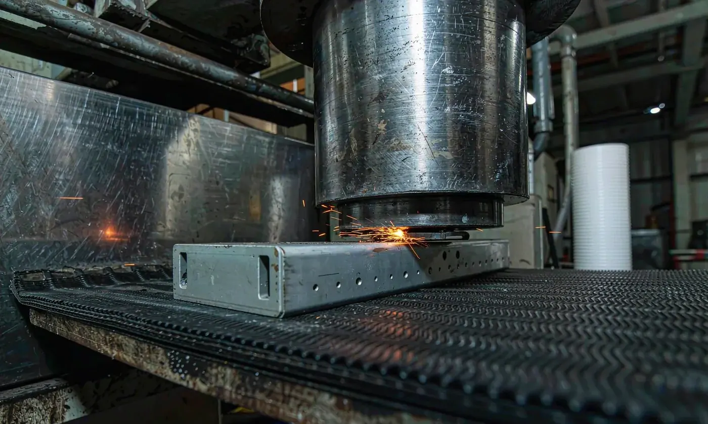 Radio-frequency welding machine sealing a waterproof bag seam, the copper electrode pressed down onto the laminated panel under a timed cycle