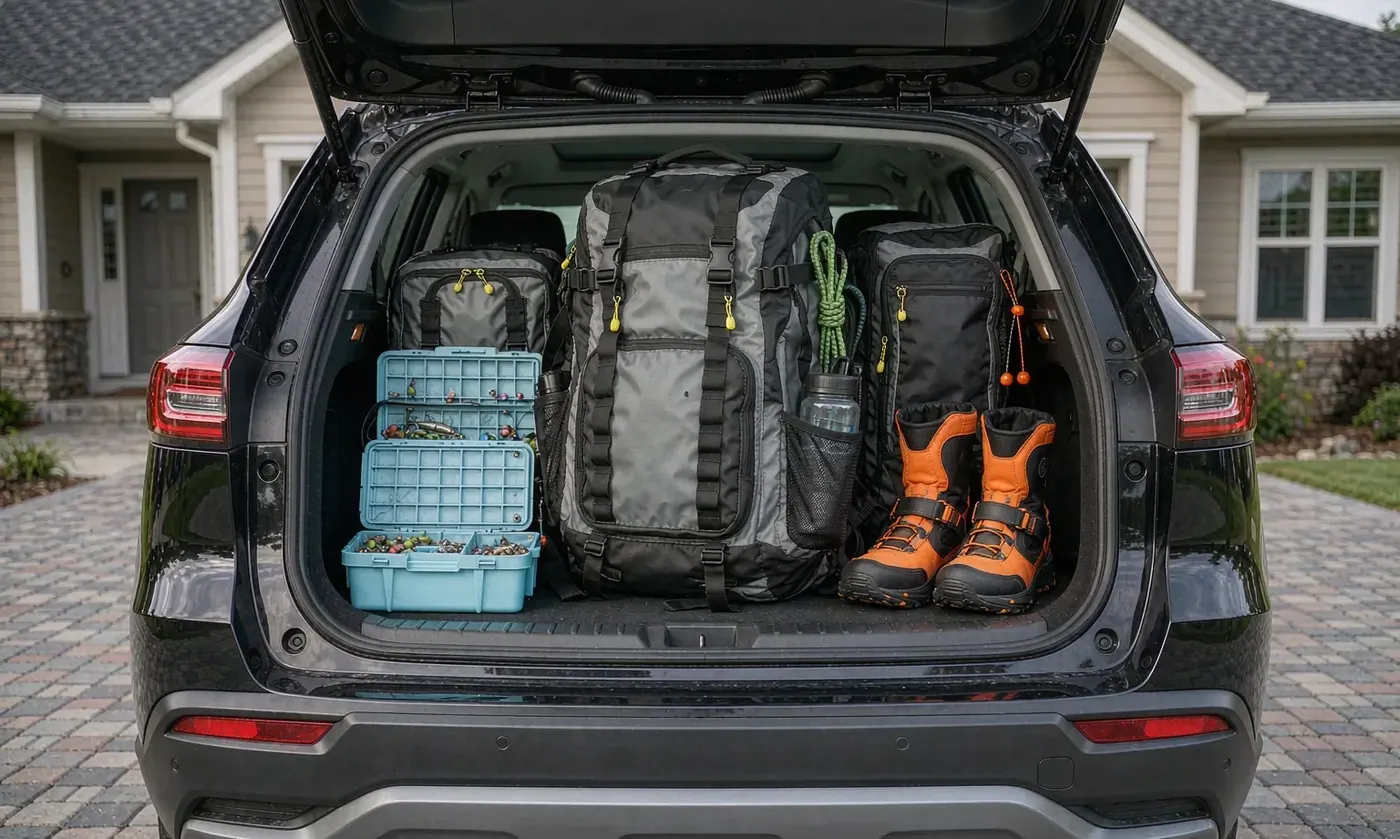 Waterproof fishing tackle backpack packed in the open boot of a car alongside trays and a rod sleeve